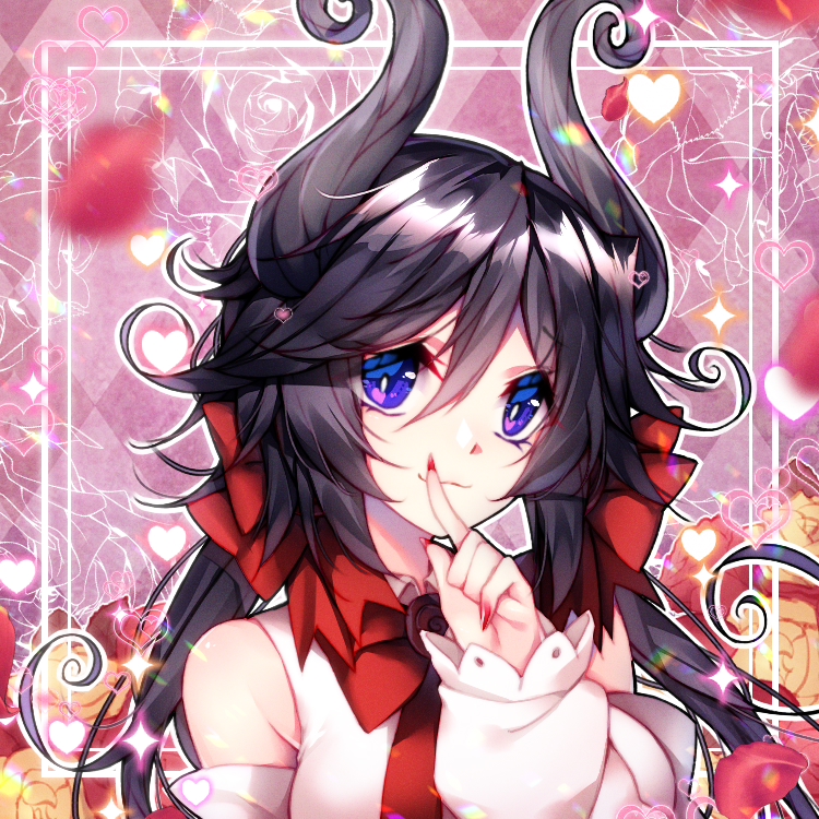 1girl, black_hair, bow, checkered_background, demon_girl, demon_horns, finger_to_mouth, floral_background