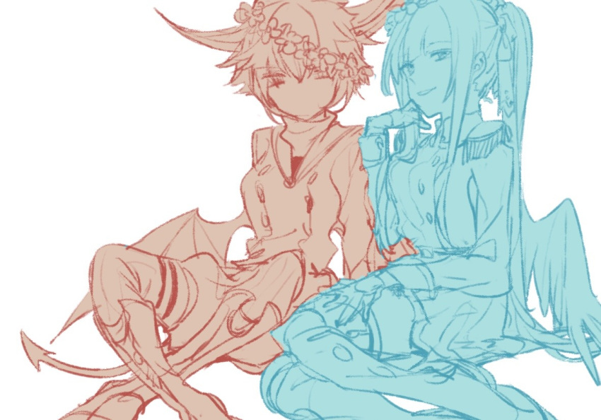 2girls, androgynous, boots, closed_mouth, couple, epaulettes, full_body, funamusea