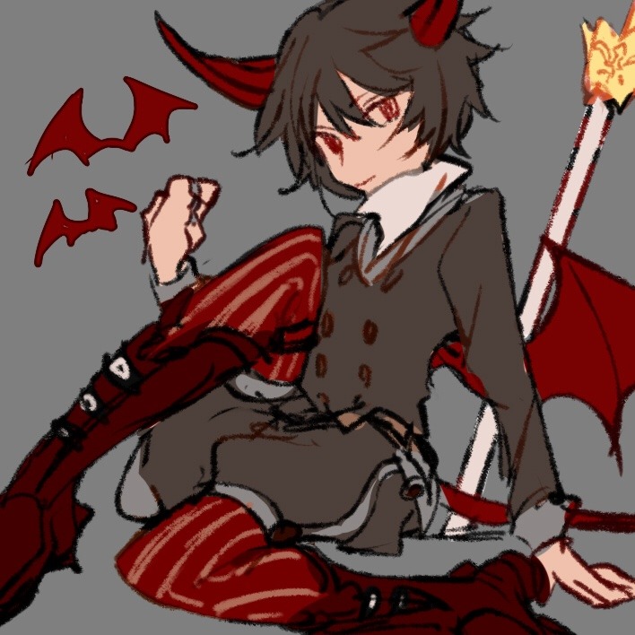 1girl, androgynous, bat_(animal), black_hair, boots, closed_mouth, coat, demon_girl, demon_horns, demon_wings, full_body, grey_background, grey_coat, horns, long_sleeves, oounabara_to_wadanohara, radishcarbon, red_eyes, red_footwear, red_thighhighs, shirt, short_hair, sketch, solo, striped, striped_thighhighs, thigh-highs, ver_million_(wadanohara), white_shirt, wings