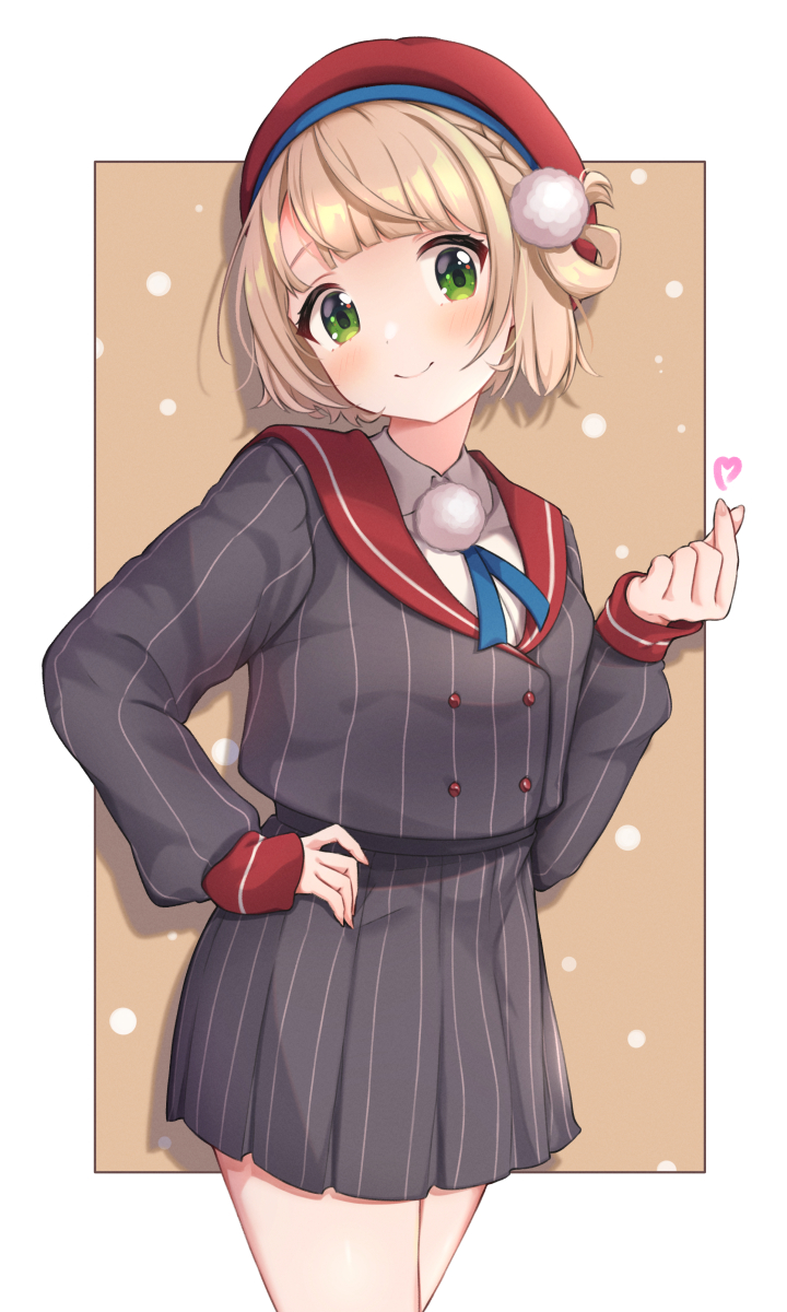 1girl, beret, blonde_hair, blue_ribbon, blunt_bangs, blush, braid, buttons, choppy_bangs, closed_mouth, collared_shirt, commentary, double-breasted, dress_shirt, fingernails, green_eyes, grey_jacket, grey_skirt, hair_ornament, hair_rings, hand_on_own_hip, hat, highres, indie_virtual_youtuber, jacket, long_sleeves, looking_at_viewer, miniskirt, neck_ribbon, pinstripe_jacket, pinstripe_pattern, pinstripe_skirt, pleated_skirt, pom_pom_(clothes), pom_pom_hair_ornament, red_headwear, red_sailor_collar, ribbon, sailor_collar, school_uniform, shigure_ui_(vtuber), shigure_ui_(vtuber)_(1st_costume), shirt, short_hair, side_braid, skirt, smile, solo, striped, striped_jacket, striped_skirt, suzushika_(13_96), swept_bangs, symbol-only_commentary, vertical-striped_jacket, vertical-striped_skirt, vertical_stripes, virtual_youtuber, white_shirt