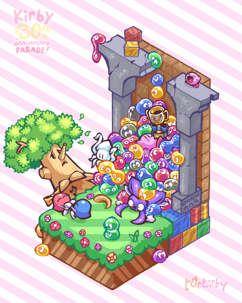 :d, ^_^, anniversary, arch, artist_name, beamed_sixteenth_notes, block, bow, bugzzy, closed_eyes, commentary_request, copyright_name, english_commentary, flower, grass, highres, holding_hands, kirby, kirby's_avalanche, kirby_(series), lalala_(kirby), lololo_(kirby), mixed-language_commentary, musical_note, no_humans, open_mouth, pile, pillar, pink_background, pink_flower, purple_flower, puyo_(puyopuyo), puyopuyo, raised_eyebrows, sitting, smile, squid, squishy_(kirby), standing, stone_wall, striped, striped_background, torkirby, tree, trophy, wall, whispy_woods, white_background, wide-eyed, yellow_bow