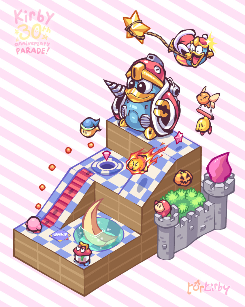 :o, anniversary, arm_up, artist_name, blue_headwear, bronto_burt, burning, bush, castle, checkered_floor, closed_mouth, coat, commentary_request, copyright_name, crescent, english_commentary, fire, flying, frown, fur-trimmed_coat, fur_trim, gaspar_(kirby), ghost, grass, hat, highres, jack-o'-lantern, king_dedede, kirby, kirby's_dream_course, kirby_(series), mixed-language_commentary, mr._p._umpkin, no_humans, open_mouth, pink_background, pumpkin, red_coat, robo_dedede, robot, rope, simple_background, stairs, standing, star_(symbol), striped, striped_background, torkirby, transformer_(kirby), v-shaped_eyebrows, waddle_dee, water, white_background, wide-eyed