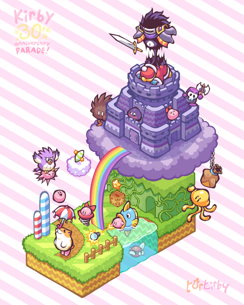 :d, anniversary, armor, artist_name, axe, bag, battle_axe, blipper, bouncy_(kirby), bow, butch_(kirby), carrying, castle, chain, closed_eyes, closed_mouth, clouds, commentary_request, coo_(kirby), copy_ability, copyright_name, dark_matter_blade, diving_mask, efreeti_(kirby), english_commentary, female_gooey_(kirby), fence, fish, flying, goggles, gooey_(kirby), grass, helmet, highres, holding, holding_axe, jellyfish, kine_(kirby), king_dedede, kirby, kirby's_dream_land_2, kirby_(series), master_green_(kirby), mixed-language_commentary, needle_kirby, no_humans, one-eyed, open_mouth, parasol, path, pink_background, pink_bow, plant, rainbow, rick_(kirby), sack, shoulder_armor, simple_background, smile, spikes, star_(symbol), star_block, striped, striped_background, swimming, sword, torkirby, umbrella, vines, water, weapon, white_background, wooden_fence