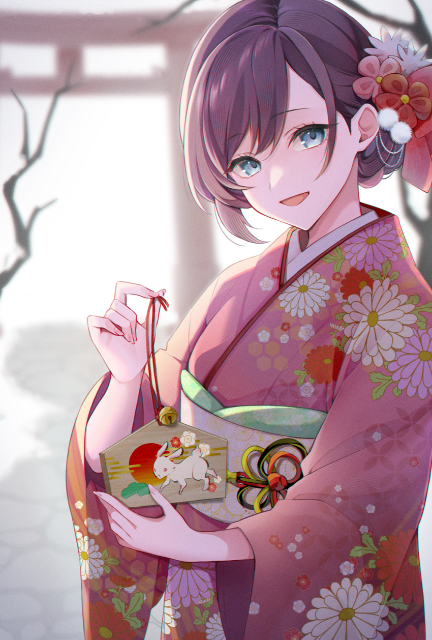 1girl, :d, blurry, blurry_background, brown_hair, chinese_zodiac, commentary_request, floral_print