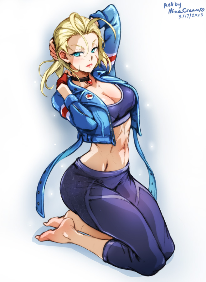 1girl, ahoge, artist_name, barefoot, blonde_hair, blue_eyes, blue_jacket, blush