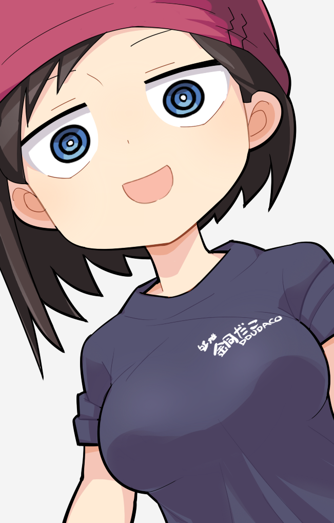 1girl, beanie, black_shirt, blue_eyes, boku_no_kokoro_no_yabai_yatsu, breasts, bright_pupils, brown_hair