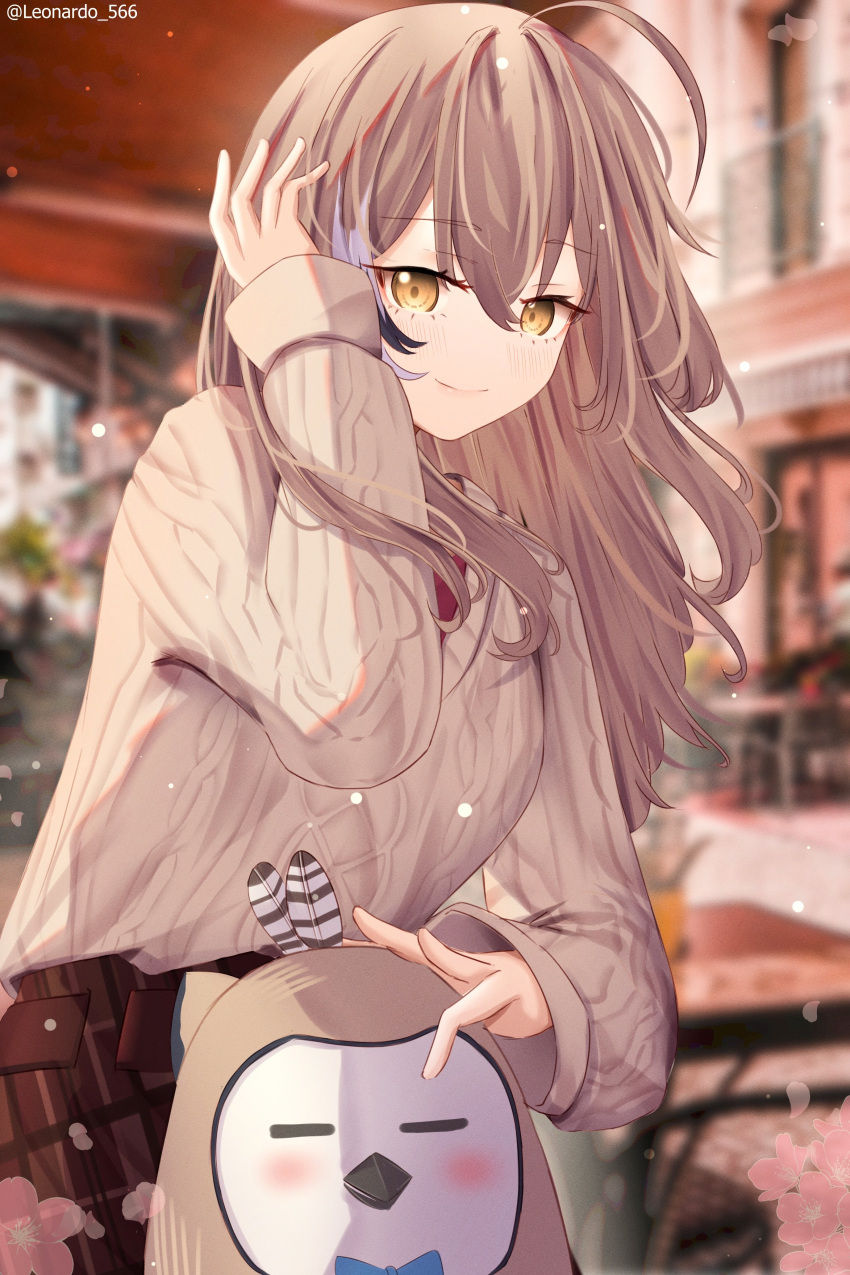 1girl, absurdres, ahoge, belt, blurry, blurry_background, brown_eyes, brown_hair