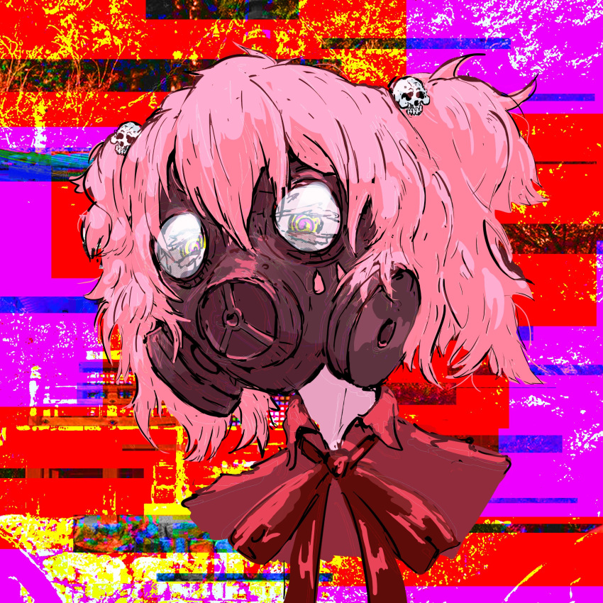01neeto, 1girl, @_@, absurdres, bow, bowtie, colored_eyelashes, commentary, english_commentary, gas_mask, glitch, hair_between_eyes, hair_ornament, half-closed_eyes, highres, mahou_shoujo_magical_destroyers, mask, medium_hair, multicolored_background, multicolored_eyes, pink_(magical_destroyers), pink_hair, portrait, red_bow, red_bowtie, red_ribbon, ribbon, short_twintails, skull_hair_ornament, solo, twintails