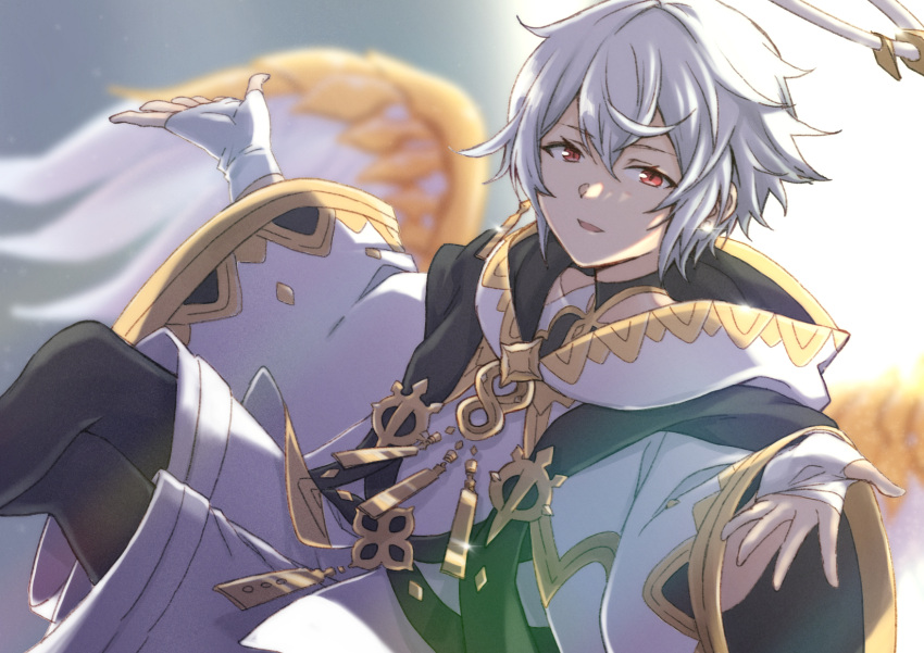 1boy, angel_wings, crossed_legs, dragalia_lost, earrings, ekra, fingerless_gloves, gloves, hair_between_eyes, hakama, hakama_shorts, halo, highres, japanese_clothes, jewelry, long_sleeves, male_focus, michael_(dragalia_lost), open_mouth, red_eyes, short_hair, shorts, solo, white_gloves, white_hair, wide_sleeves, wings