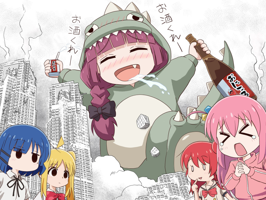 >_<, 5girls, ahoge, alcohol, alternate_costume, animal_costume, black_bow, black_ribbon