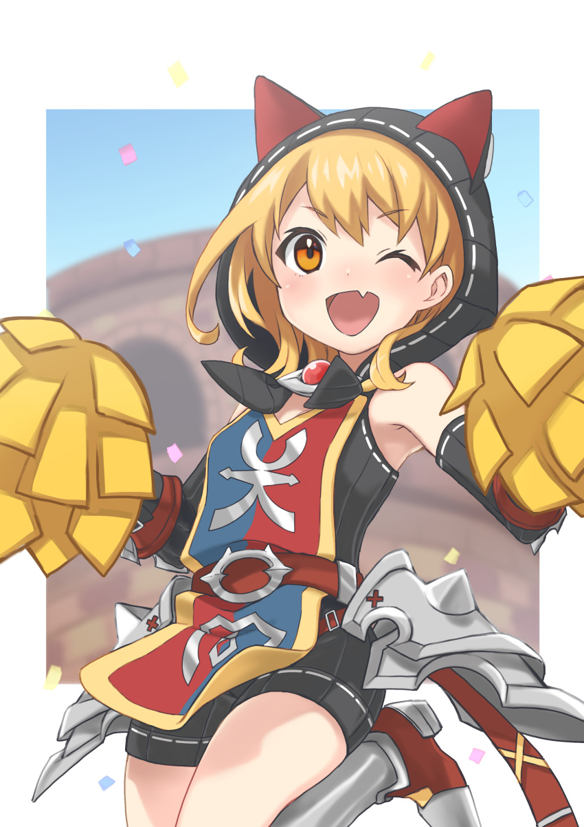 1girl, ;d, absurdres, animal_hood, bare_shoulders, black_hoodie, blonde_hair, cat_hood