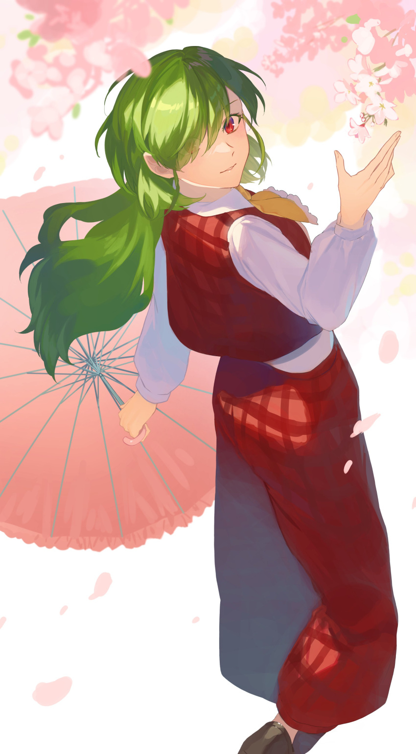 1girl, absurdres, ascot, black_footwear, closed_mouth, commentary, green_hair, grey_background, hair_over_one_eye, highres, holding, holding_umbrella, kazami_yuuka, long_hair, long_sleeves, looking_at_viewer, otoshiro_kosame, outdoors, plaid, plaid_shirt, plaid_skirt, plaid_vest, red_eyes, red_shirt, red_skirt, red_umbrella, red_vest, shirt, skirt, solo, touhou, umbrella, vest, yellow_ascot