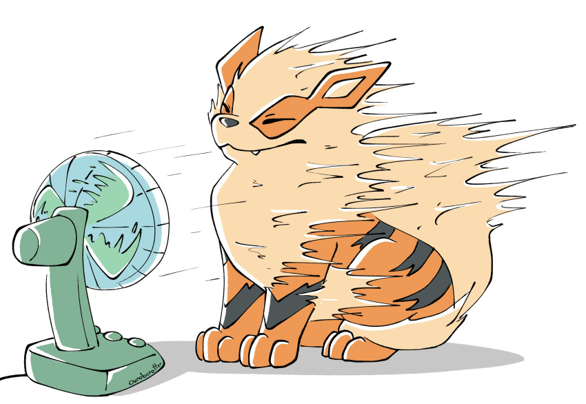 absurdres, arcanine, artist_name, closed_eyes, closed_mouth, commentary, electric_fan, fang, fang_out, highres, motion_blur, no_humans, ouroborotter, pokemon, pokemon_(creature), solo, white_background
