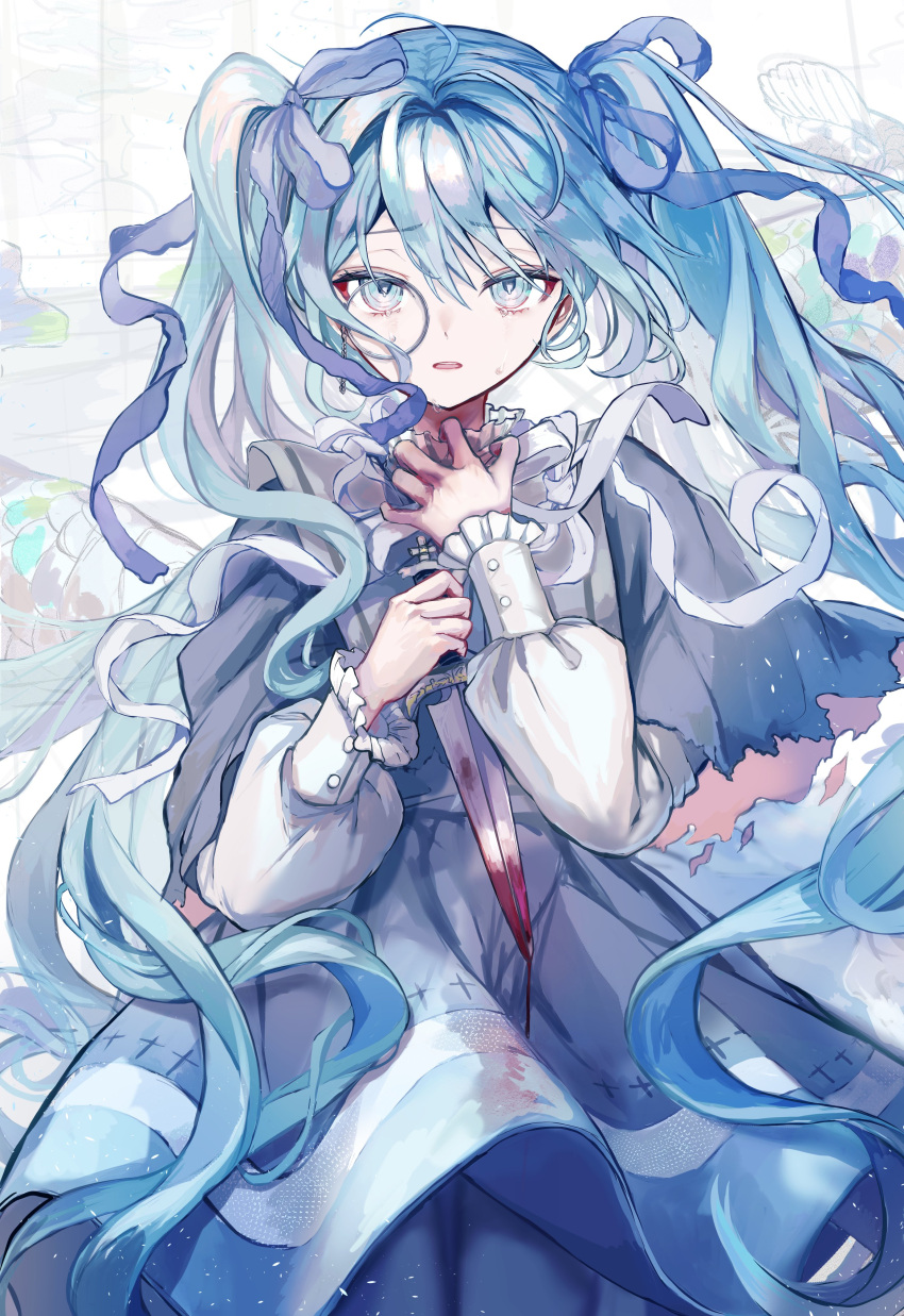 absurdres, ahoge, animal_background, aqua_eyes, aqua_hair, blood, blood_on_hands, blood_on_weapon