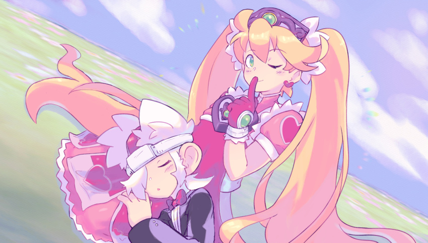 1boy, 1girl, alternate_costume, blonde_hair, blush, closed_mouth, clouds, getchuman_fairy, gloves, green_eyes, hat, heart, heart_on_chest, highres, long_hair, looking_at_viewer, one_eye_closed, saru_getchu, saru_jia, sayaka_(saru_getchu), smile, specter_(saru_getchu), twintails