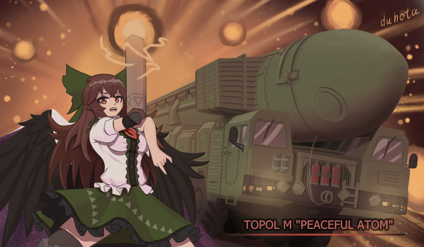 1girl, \n/, absurdres, arm_cannon, arm_up, artist_name, asymmetrical_legwear, bird_wings, black_wings, blouse, bow, breasts, brown_hair, control_rod, duhota, electricity, energy_ball, english_commentary, english_text, engrish_commentary, fire_extinguisher, frilled_skirt, frills, green_bow, green_skirt, headlight, highres, intercontinental_ballistic_missile, legs_apart, long_hair, military, mismatched_legwear, missile, missile_vehicle, motor_vehicle, nuclear_weapon, open_mouth, orange_background, puffy_short_sleeves, puffy_sleeves, red_eyes, reiuji_utsuho, rt-2pm2, shirt, short_sleeves, skirt, solo, spell, third_eye, third_eye_on_chest, touhou, truck, weapon, wheel, white_shirt, windshield, wings