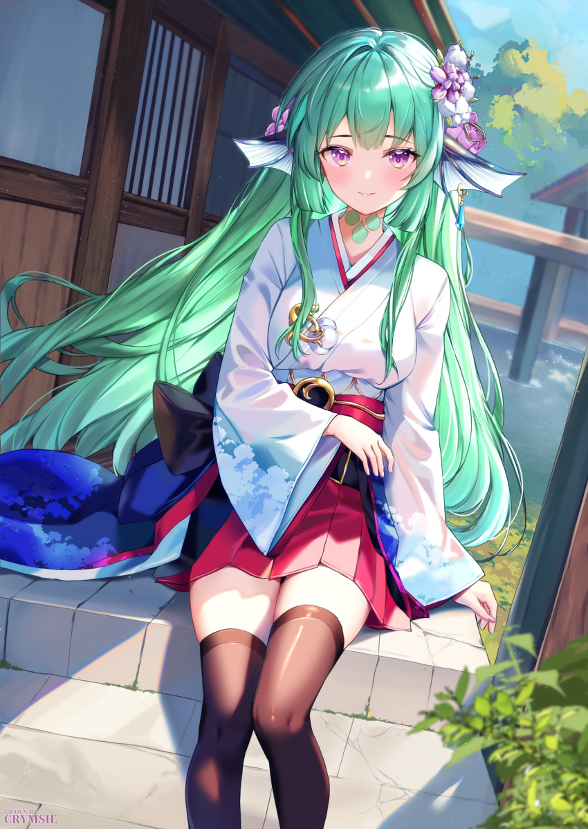 1girl, absurdres, alternate_costume, architecture, blush, breasts, brown_thighhighs, building