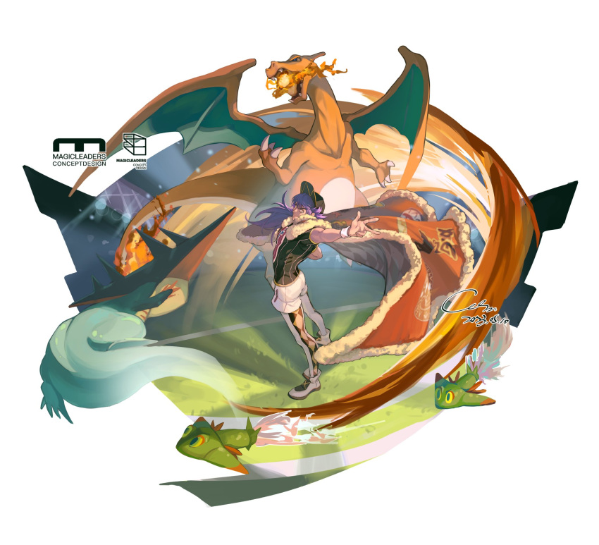 1boy, argyle, black_headwear, black_shirt, boots, border, breathing_fire, cape, charizard, co299098644, commentary, dragapult, dreepy, english_commentary, fire, fur-trimmed_cape, fur_trim, grass, hat, highres, leggings, leon_(pokemon), long_hair, male_focus, pokemon, pokemon_(creature), pokemon_(game), pokemon_swsh, purple_hair, shirt, short_sleeves, shorts, stadium, standing, white_border, white_footwear, white_leggings, white_shorts, white_wristband, yellow_eyes