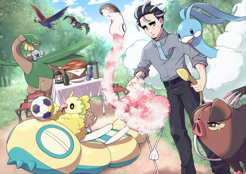 1boy, altaria, basket, batabiru, belt, bird, black_belt, black_hair