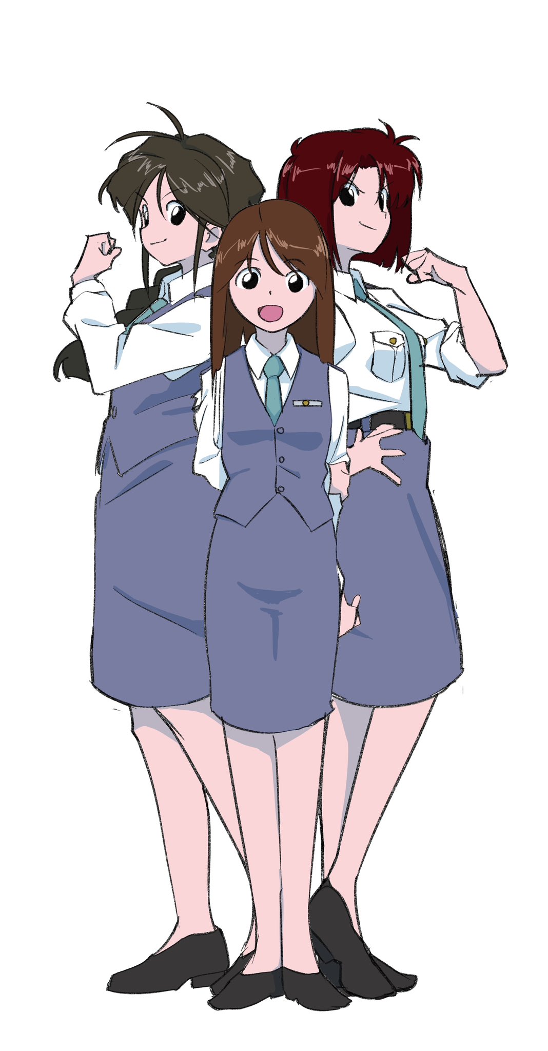 3girls, antenna_hair, aqua_necktie, back-to-back, black_eyes, black_hair, blue_skirt, blue_vest