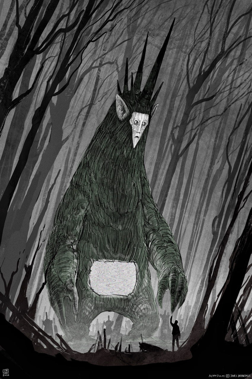 1boy, 2020, absurdres, bare_tree, commentary, creature, dated, deity