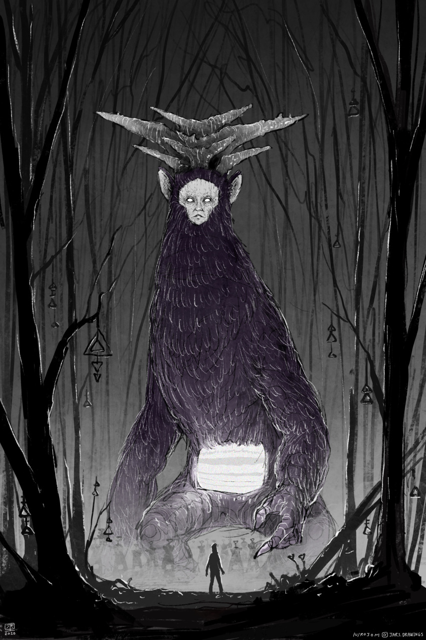 1boy, 2020, 6+others, absurdres, bare_tree, creature, dated, deity