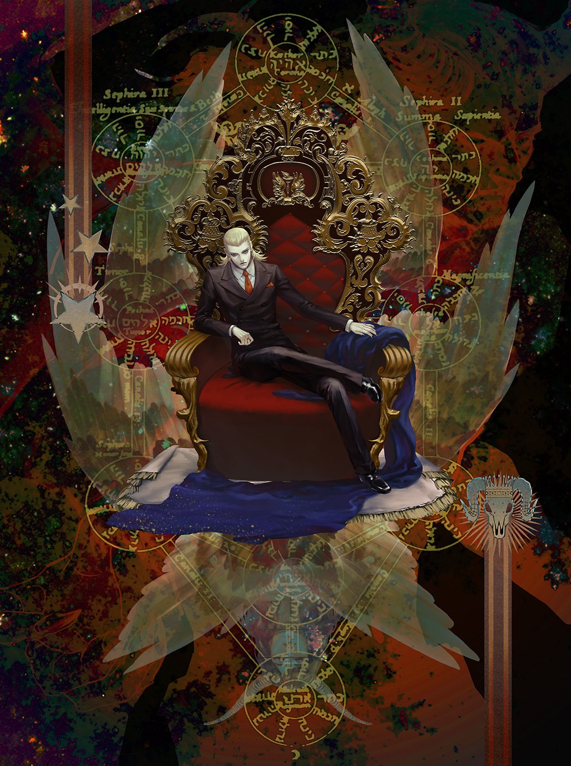 1boy, angel_wings, animal_skull, black_nails, black_suit, blonde_hair, chair, crossed_legs
