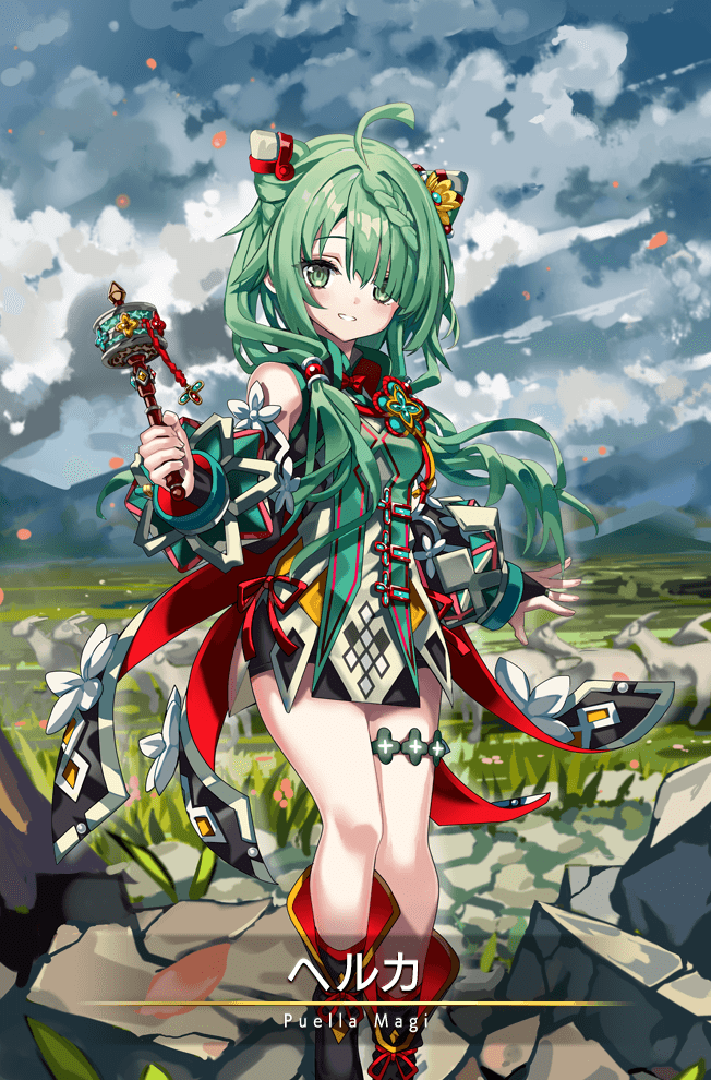 1girl, black_footwear, blush, boots, braid, braided_bangs, card_(medium), coat, cone_hair_bun, detached_sleeves, double_bun, dress, foot_out_of_frame, game_cg, green_eyes, green_hair, hair_bun, hand_up, heruka_(madoka_magica), holding, long_hair, magia_record:_mahou_shoujo_madoka_magica_gaiden, magical_girl, mahou_shoujo_madoka_magica, multicolored_clothes, multicolored_dress, official_art, outdoors, parted_lips, short_dress, solo, thighlet, twintails, very_long_hair