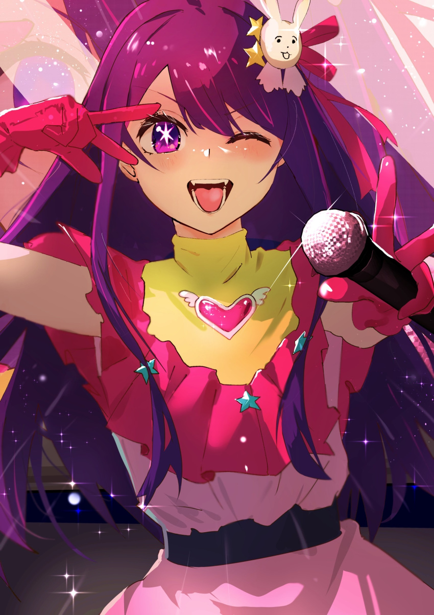 1girl, absurdres, belt, black_belt, blush, brooch, commentary, double_v