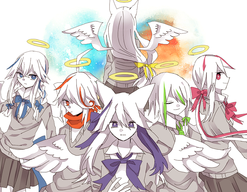 2boys, 4girls, angel, angel_wings, animal_ears, blue_hair, cat_ears, cat_girl