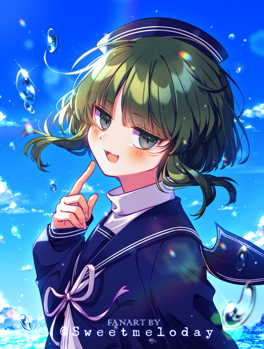 1boy, blue_shirt, blue_sky, blush, clouds, cloudy_sky, green_eyes, green_hair, highres, male_focus, minami_(wadanohara), ocean, oounabara_to_wadanohara, open_mouth, pointing, pointing_at_self, sailor_collar, shirt, sky, smile, solo, sweetmeloday, white_shirt