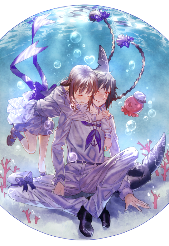 1boy, 1girl, black_eyes, black_footwear, black_hair, blue_socks, blush, braid