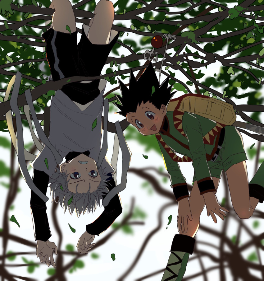 2boys, backpack, bag, black_hair, blue_eyes, blush, brown_eyes, fishing_rod