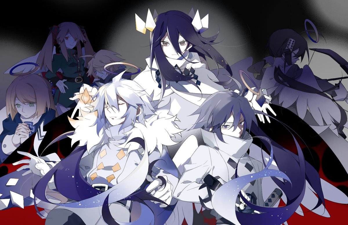 3boys, 4girls, ahoge, alela_grora, angel, angel_wings, black_hair, blonde_hair