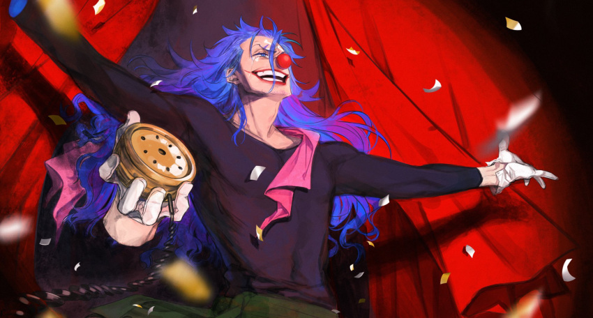 1boy, black_shirt, blue_eyes, blue_hair, buggy_the_clown, clown, clown_nose, detached_arm, disembodied_limb, highres, holding, holding_microphone, long_hair, male_focus, microphone, one_piece, outstretched_arms, pm4ds9, red_nose, shirt, smile, solo, spread_arms, upper_body, very_long_hair