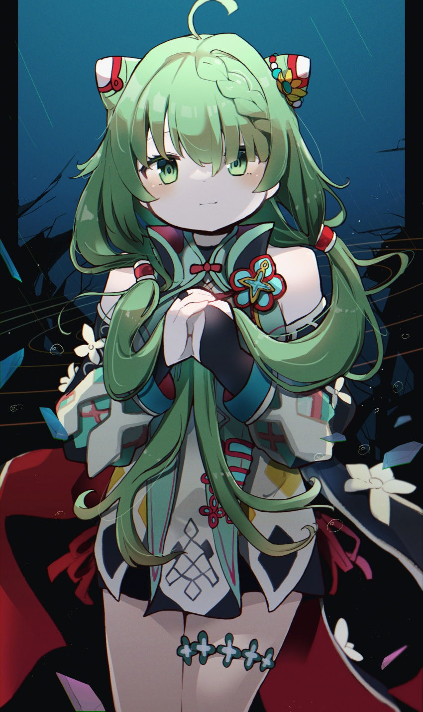 1girl, ahoge, blue_background, blush, braid, braided_bangs, bridal_gauntlets, closed_mouth