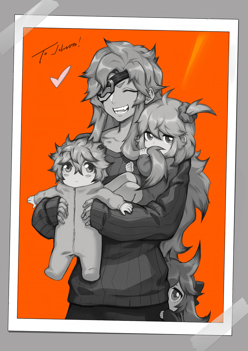 asher_(omega_strikers), blush_stickers, breasts, child, commentary, concept_art, english_commentary, eyepatch