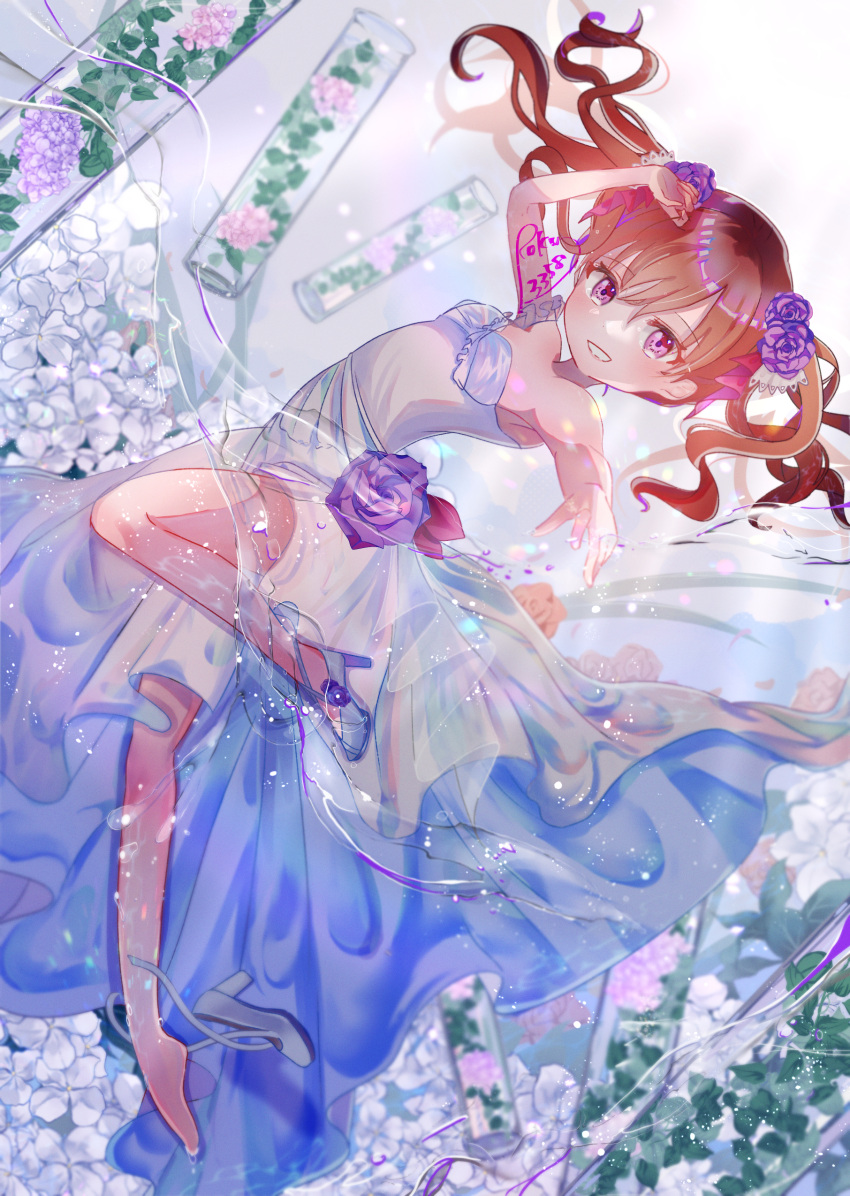 1girl, absurdres, arai_satomi, arm_up, breasts, brown_hair, commentary_request, dappled_sunlight, dress, dress_flower, dutch_angle, flower, from_side, grin, hair_flower, hair_ornament, high_heels, highres, knee_up, lace_trim, long_hair, looking_at_viewer, off-shoulder_dress, off_shoulder, outdoors, outstretched_arm, pink_eyes, purple_flower, purple_rose, roku3358, rose, shirai_kuroko, shoes, signature, single_shoe, single_sleeve, small_breasts, smile, solo, sunlight, toaru_kagaku_no_railgun, toaru_majutsu_no_index, twintails, vial, wedding_dress, white_footwear