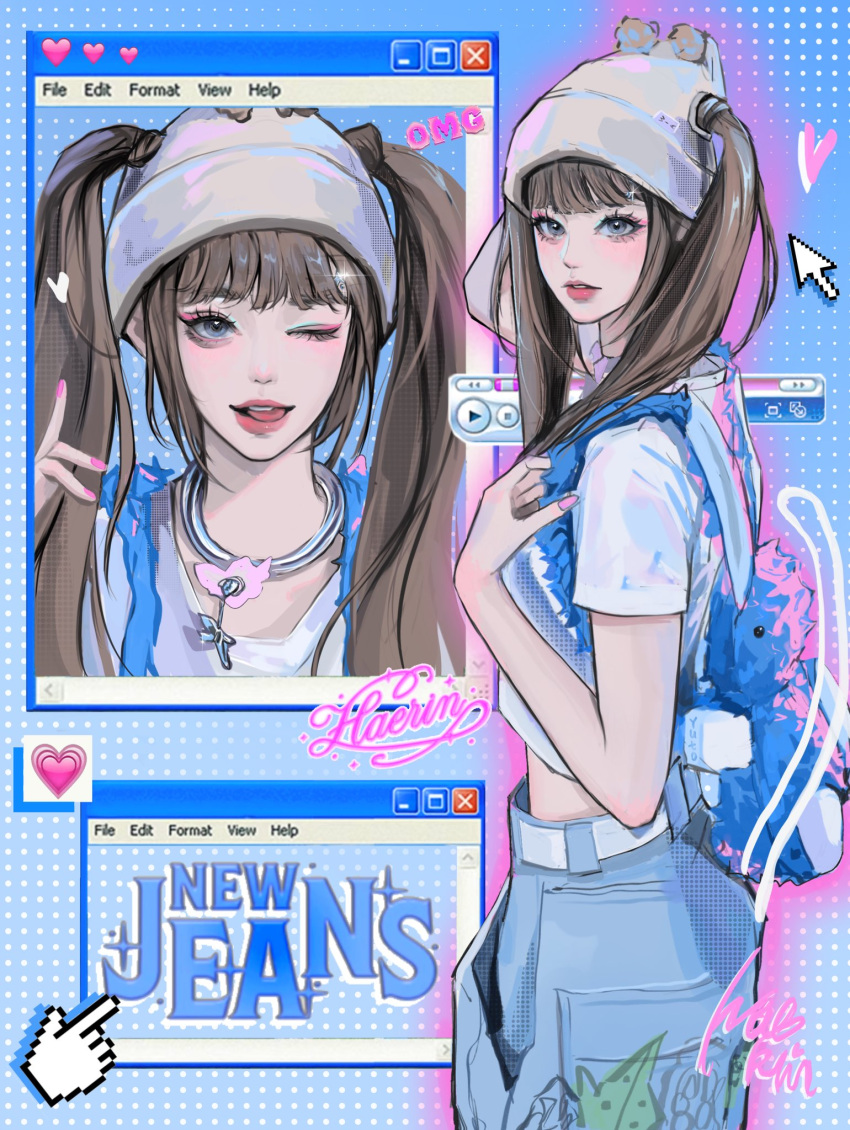 1girl, backpack, bag, beanie, belt, blue_pants, blush, character_name, copyright_name, cropped_shirt, cursor, denim, eyeshadow, grey_eyes, haerin_(newjeans), hand_on_own_chest, hat, heart, highres, jeans, k-pop, looking_at_viewer, makeup, multiple_views, nail_polish, newjeans, omg_(newjeans), pants, parted_lips, pink_eyeshadow, pink_nails, play_button, real_life, shirt, song_name, tongue, tongue_out, twintails, white_belt, white_headwear, white_shirt, window_(computing), windows_xp, yutoy_(gravity11_)