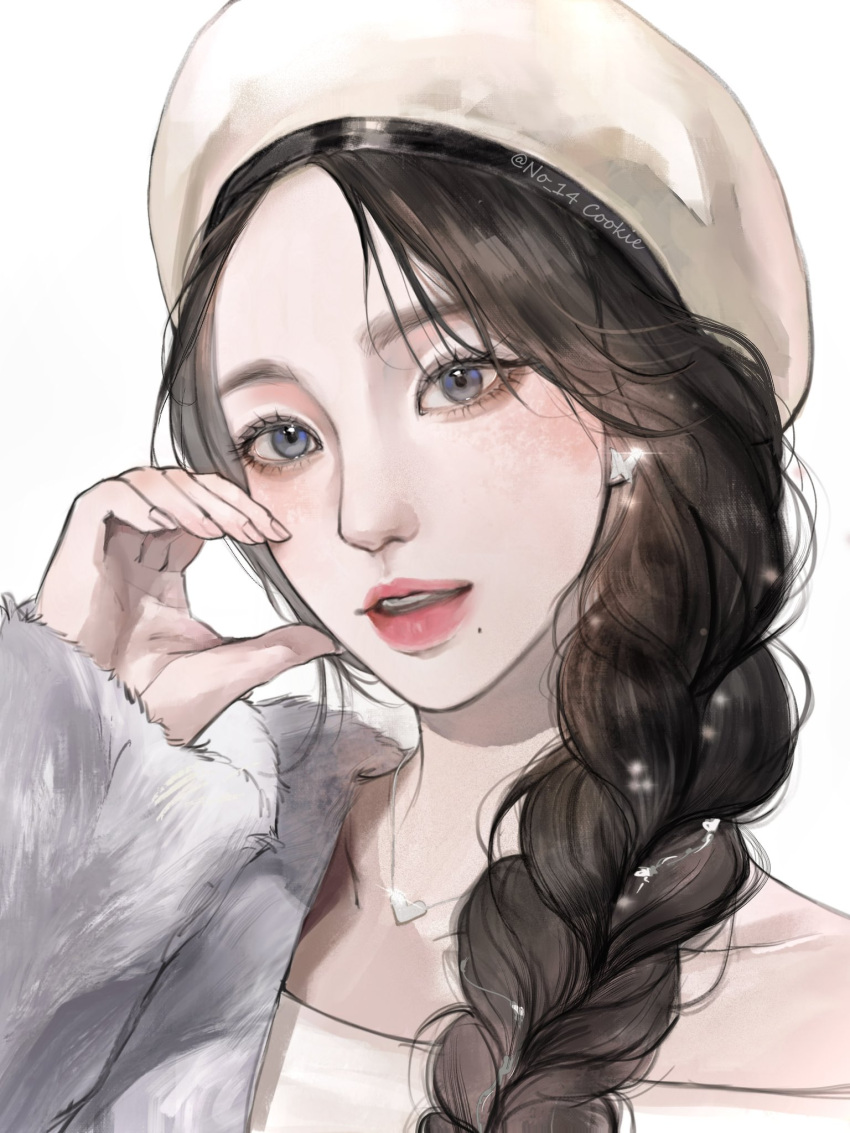 14_hao_qu_qi, 1girl, aespa, asian, beret, black_hair, blue_eyes, blush