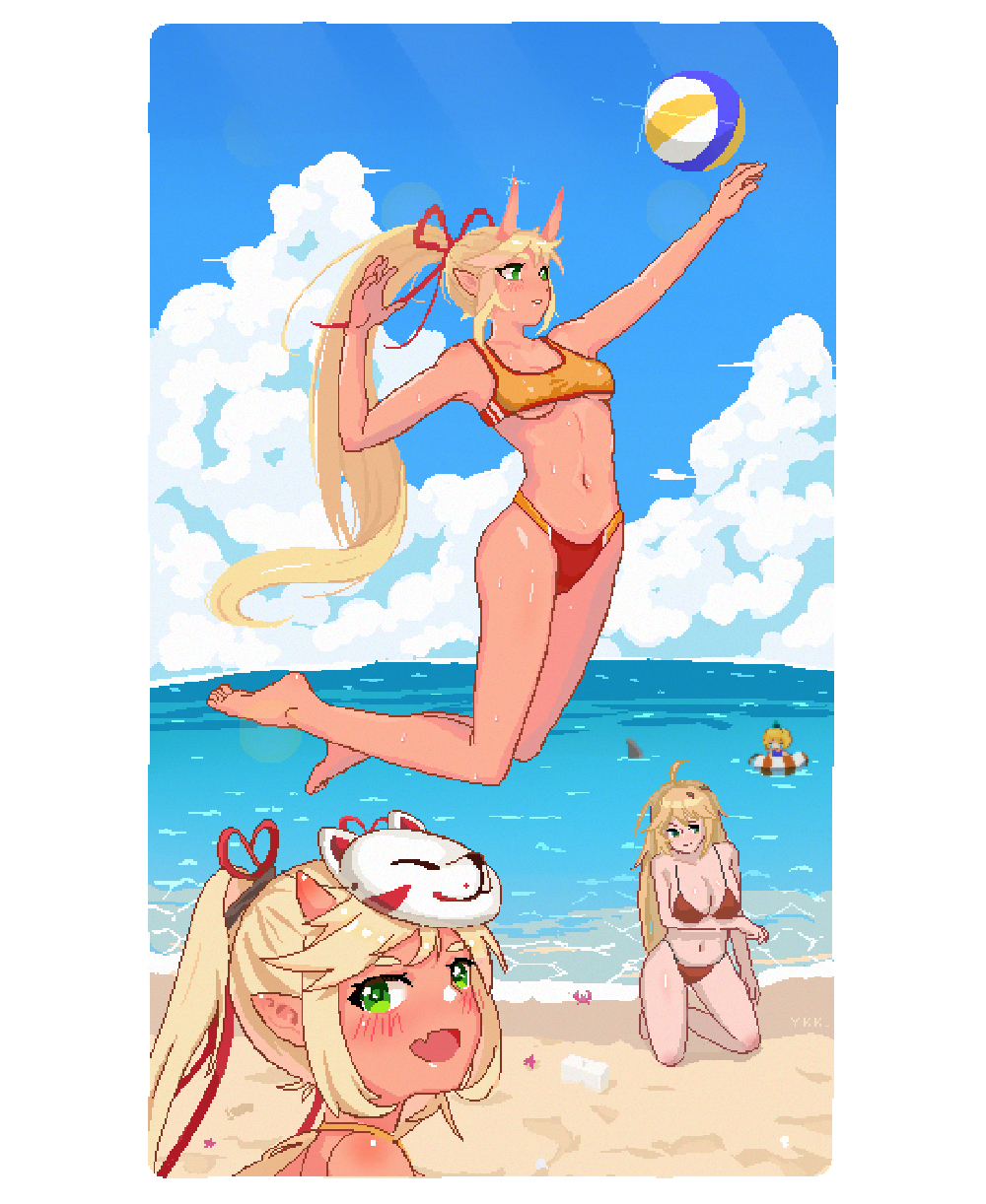 ball, beach, bikini, fox_mask, future_knight, guardian_tales, highres, horns, lana_the_lightning_counter, little_princess_(guardian_tales), mask, ocean, oni, oni_horns, pixel_art, sheepsheep1990, swimsuit, volleyball_(object)