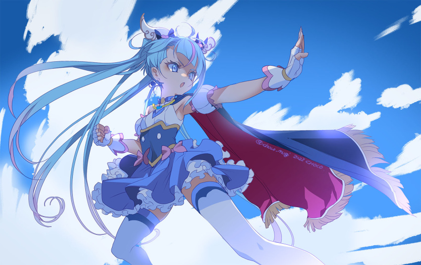 1girl, :o, aqua_hair, asymmetrical_clothes, blue_bow, blue_cape, blue_dress, blue_eyes