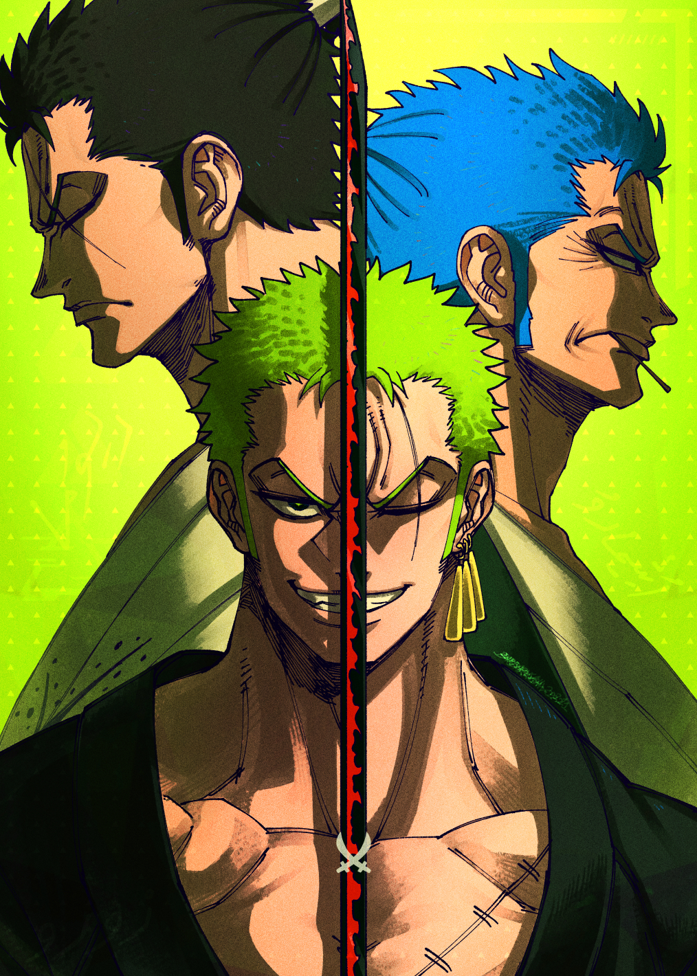 3boys, barbarvsah, black_hair, blue_hair, closed_mouth, earrings, green_hair, grin, highres, holding, holding_sword, holding_weapon, jewelry, katana, looking_at_viewer, mouth_hold, multiple_boys, one_eye_closed, one_piece, roronoa_zoro, ryuuma, scar, scar_across_eye, shimotsuki_ushimaru, short_hair, single_earring, smile, smirk, stitches, sword, teeth, weapon