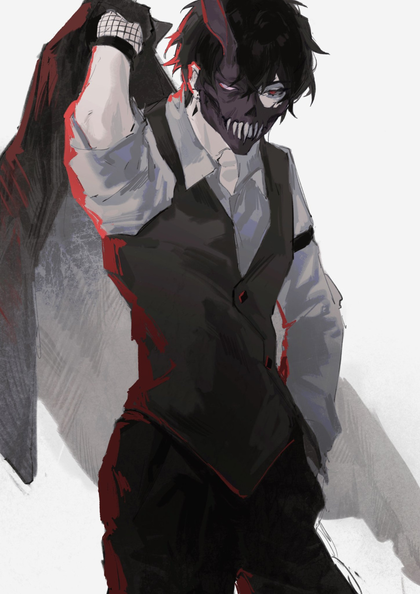1boy, black_hair, corpse_husband, cowboy_shot, highres, jiao_chang, looking_at_viewer, red_eyes, solo