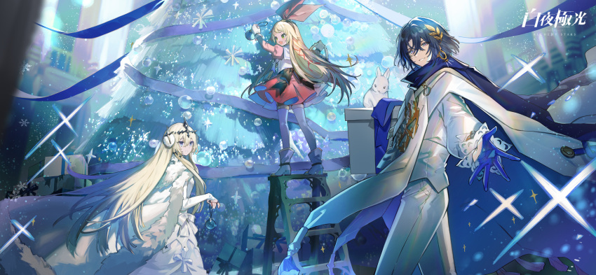 1boy, 2girls, :d, :|, alchemy_stars, ankle_boots, back_bow, balcony