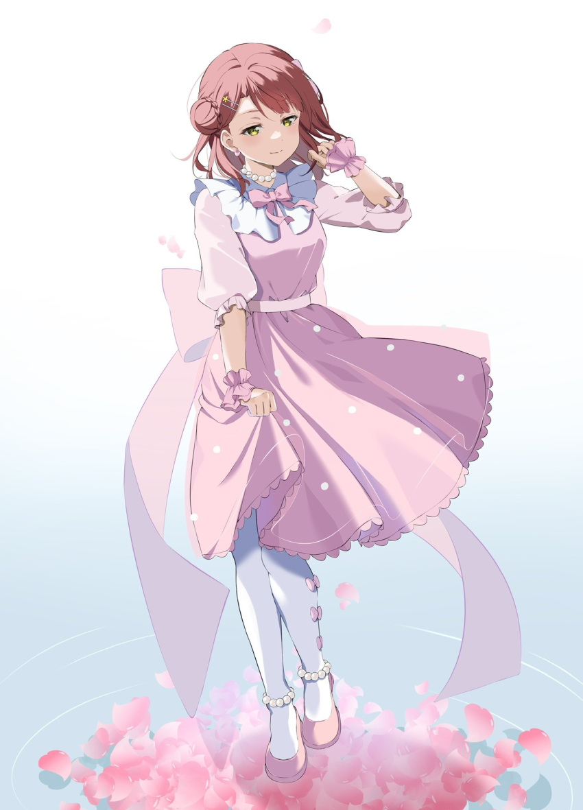 1girl, back_bow, bow, bow_legwear, bowtie, breasts, cherry_blossoms, closed_mouth, collar, dream_with_you_(love_live!), dress, dress_bow, english_commentary, falling_petals, frilled_collar, frilled_dress, frills, full_body, gorilla-shi, gradient_background, green_eyes, hair_bun, hand_in_own_hair, highres, large_bow, light_particles, love_live!, love_live!_nijigasaki_high_school_idol_club, medium_breasts, medium_hair, pantyhose, petals, pink_bow, pink_bowtie, pink_dress, pink_hair, polka_dot, polka_dot_dress, ripples, shoes, single_hair_bun, skirt_hold, smile, solo, uehara_ayumu, walking, walking_on_liquid, water, white_pantyhose, wind, wrist_cuffs
