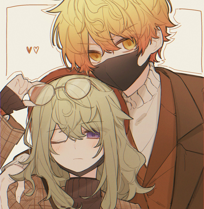 1boy, 1girl, beret, black_mask, blonde_hair, brown_coat, brown_headwear, brown_sweater