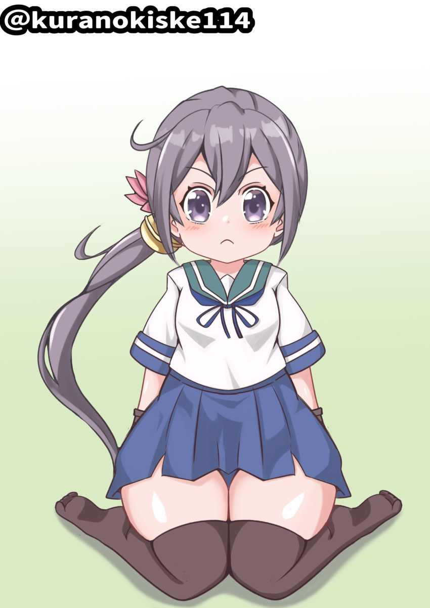1girl, akebono_(kancolle), akebono_kai_ni_(kancolle), bell, black_thighhighs, blue_sailor_collar, blue_skirt, flower, frown, gradient_background, grey_eyes, grey_hair, hair_bell, hair_flower, hair_ornament, highres, jingle_bell, kantai_collection, kurano_kisuke, long_hair, looking_at_viewer, one-hour_drawing_challenge, pleated_skirt, sailor_collar, school_uniform, serafuku, short_sleeves, side_ponytail, sitting, skirt, solo, thick_thighs, thigh-highs, thighs, twitter_username, very_long_hair, wariza, white_background