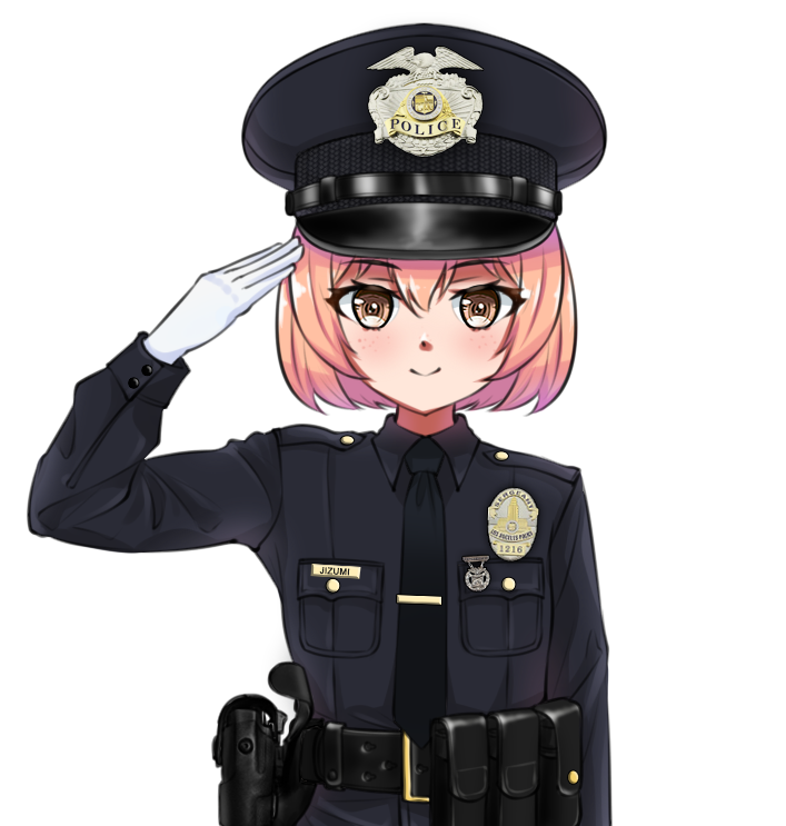 1girl, badge, belt, black_belt, black_headwear, black_necktie, black_shirt, bob_cut