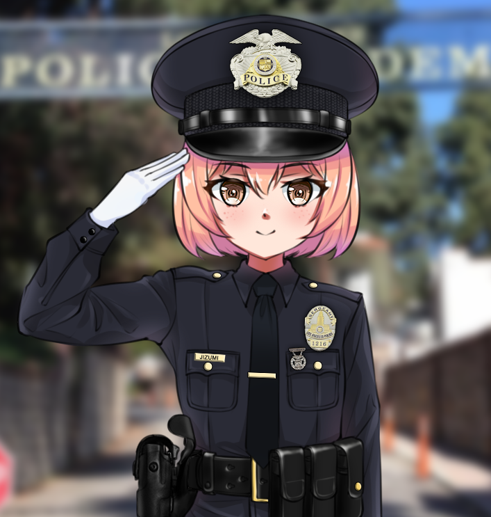 1girl, badge, belt, black_belt, black_headwear, black_necktie, black_shirt, bob_cut